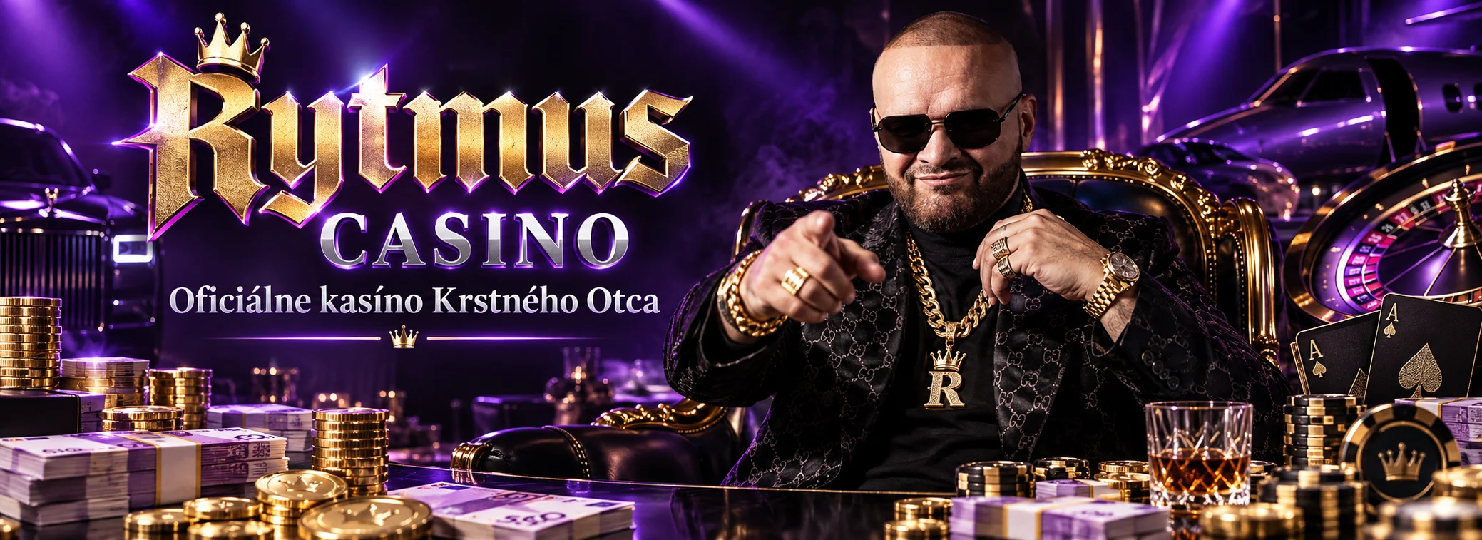 Rytmus Casino oficiálny banner: Rytmus pod fialovými svetlami a uvítací bonus 500 €